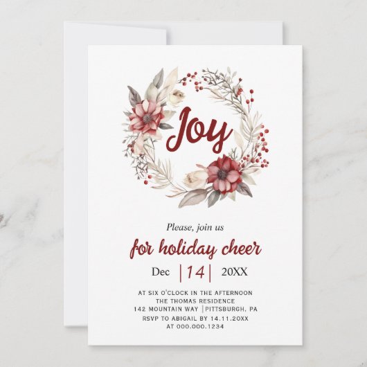 Krans, rode bloemen, bessen Vreugdekerstfeest Kaart (Voorkant)