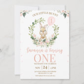 Krans Roze Bloemen Konijn Bunny 1e Verjaardag Kaart (Voorkant)
