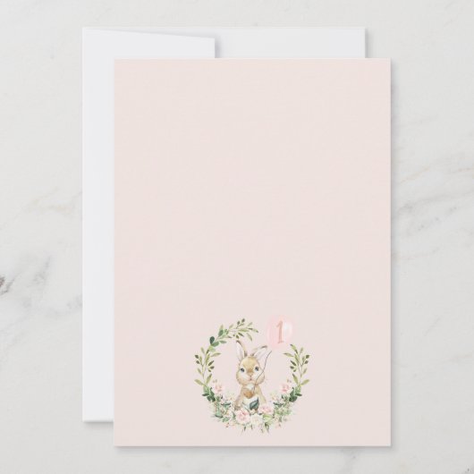 Krans Roze Bloemen Konijn Bunny 1e Verjaardag Kaart (Achterkant)