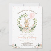 Krans Roze Bloemen Sommige Bunny 1e Verjaardag Kaart (Voorkant)