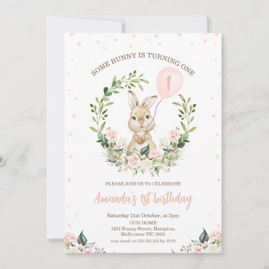 Krans Roze Bloemen Sommige Bunny 1e Verjaardag Kaart (Voorkant)