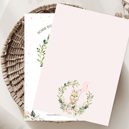 Krans Roze Bloemen Sommige Bunny 1e Verjaardag Kaart