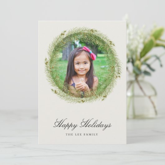 Krans van dennen in plat vlak kerstkaart (Staand voorkant)