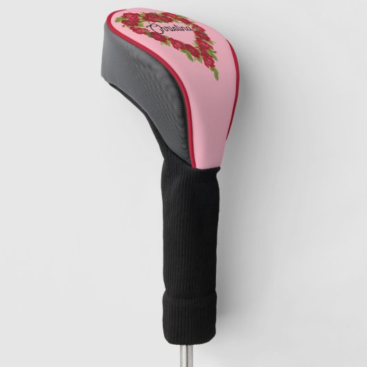 Krans van Elegante Rode Rozen in Hart Vorm Roze Golfheadcover (Schuin)