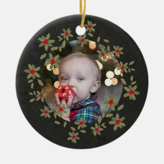 Krans van hulst foto met Kerstmis Keramisch Ornament (Voorkant)