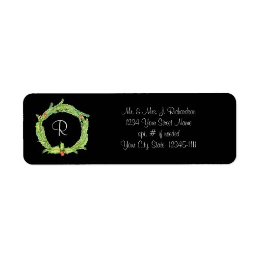 Krans van hulst met monogram retouradres etiket (Voorkant)