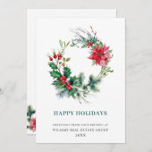 Krans van hulstbes met poinsettia, Kerst, zakelijk Feestdagenkaart (Voorkant / Achterkant)