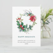Krans van hulstbes met poinsettia, Kerst, zakelijk Feestdagenkaart (Staand voorkant)