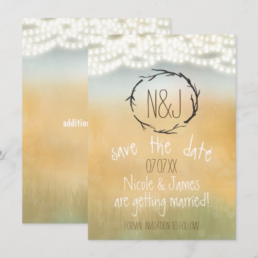 Krans van landelijke takken & slingerlichtjes Save Kaart (Voorkant / Achterkant)