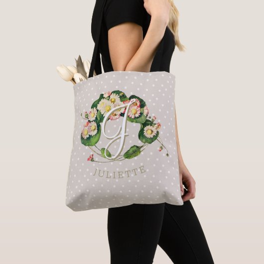 Krans van madeliefjes met monogram & naam om te pe tote bag (Dichtbij)