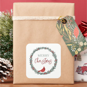 Krans van rode bessen en rode kardinaal Kerstmis Vierkante Sticker
