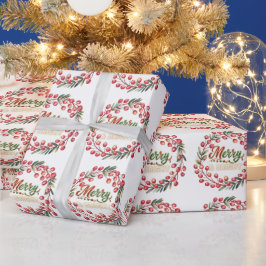 Krans van rode bessen Merry & Bright Gouden sneeuw Cadeaupapier