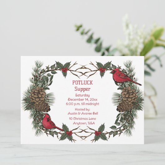 Krans van rode kardinaal Kerst Pot Luck-diner   Kaart (Staand voorkant)