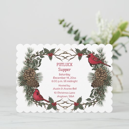 Krans van rode kardinaal Kerst Pot Luck-diner Kaart (Staand voorkant)