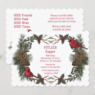 Krans van rode kardinaal Kerst Pot Luck Diner Kaart