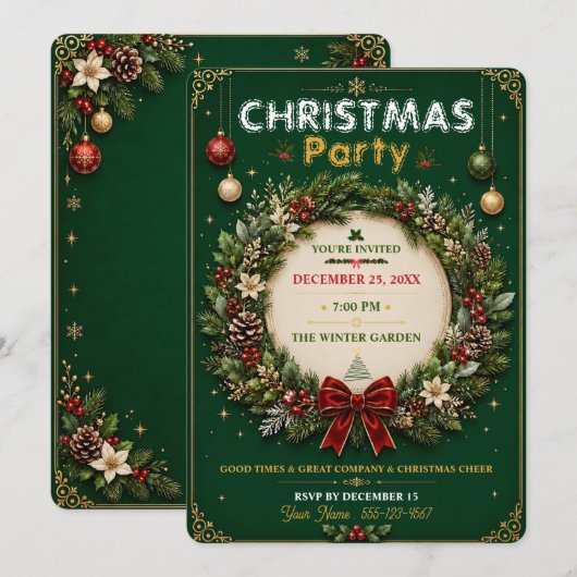 Krans van smaragd Kerstfeest Uitnodiging (Voorkant / Achterkant)