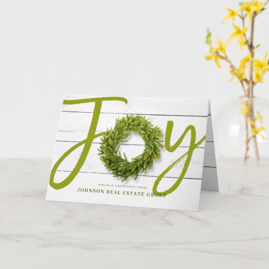 Krans van vreugde en gebladerte op hout | Vakantie Kaart (Gele Bloem)