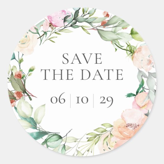 Krans van zoete zomerrozen Save the Date Ronde Sticker (Voorkant)