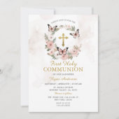 Krans Vlinder Roze Rozen Eerste Heilige Communie Kaart (Voorkant)