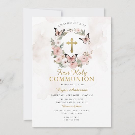 Krans Vlinder Roze Rozen Eerste Heilige Communie Kaart (Voorkant)