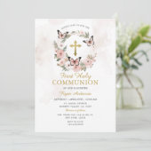 Krans Vlinder Roze Rozen Eerste Heilige Communie Kaart (Staand voorkant)