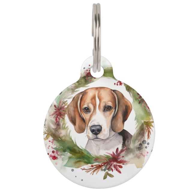 Krans voor Kerst met Beagle Feestelijke Pup Huisdierpenning (Voorkant)