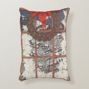 Krans voor Kerstmis in een raam met sneeuw Accent Kussen