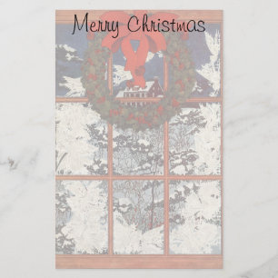 Krans voor Kerstmis in een raam met sneeuw Briefpapier