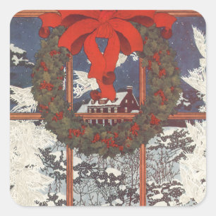 Krans voor Kerstmis in een raam met sneeuw Vierkante Sticker