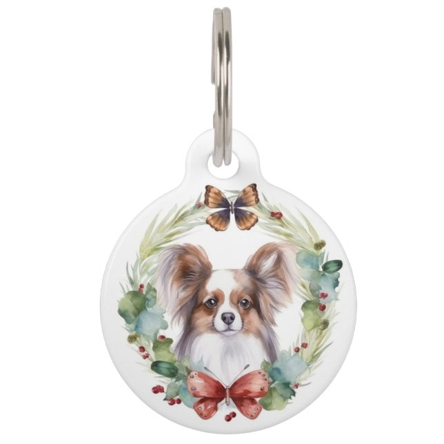 Krans voor Papillon Kerstmis Feestelijke Pup  Huisdierpenning (Achterkant)