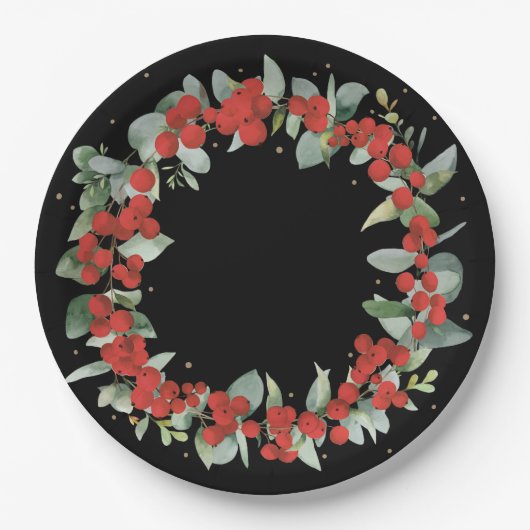 Krans voor Rode Bes Kerstfeest Papieren Bordje (Voorkant)