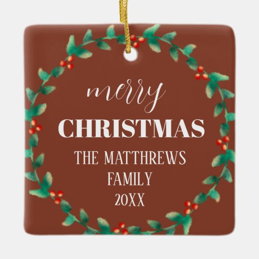 Krans Vrolijk Kerstfeest Fotonaam Terracotta Keramisch Ornament (Voorkant)