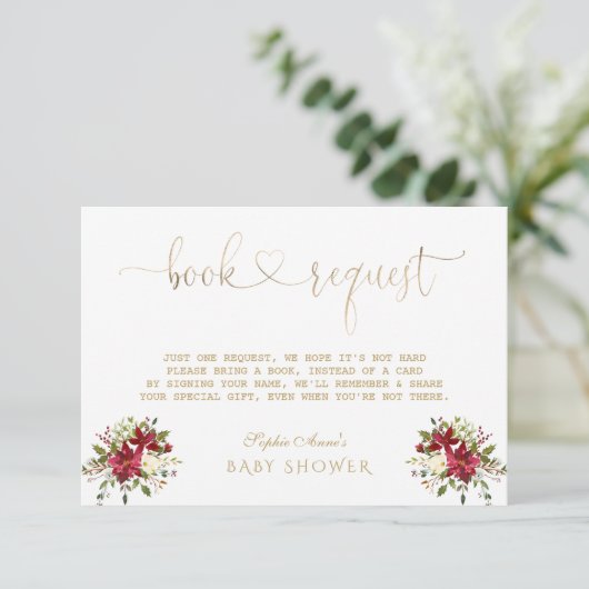 Krans Waterverf Poinsettia Goud Baby Shower Informatiekaartje (Staand voorkant)