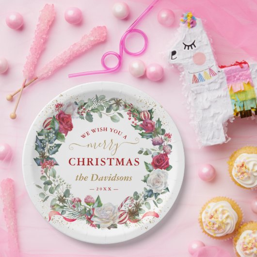 Krans Wij Wensen U Prettig Kerstfeest Papieren Bordje (Feest)