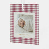 Kransberryrode Gingham Eerste Kerstmis Baby Glas Ornament (Voorkant links)