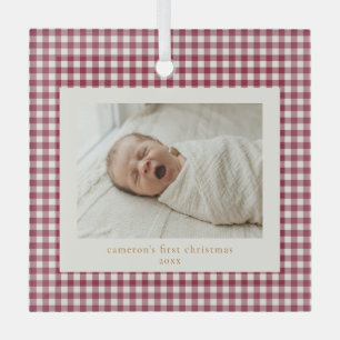 Kransberryrode Gingham Eerste Kerstmis Baby Glas Ornament