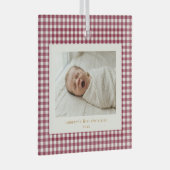 Kransberryrode Gingham Eerste Kerstmis Baby Glas Ornament (Voorkant Rechts)