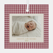 Kransberryrode Gingham Eerste Kerstmis Baby Glas Ornament (Achterkant)