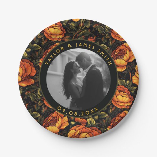 Kransen met dikke rozen voor huwelijksaandenken papieren bordje (Voorkant)