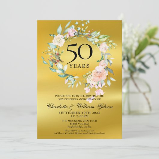Kransen van rozen Goud Folie 50ste huwelijksverjaa Kaart (Staand voorkant)