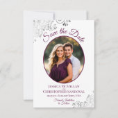 Kransjes Zilver & Magenta op Witte Foto Bruiloft Save The Date (Voorkant)