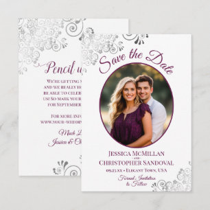 Kransjes Zilver & Magenta op Witte Foto Bruiloft Save The Date