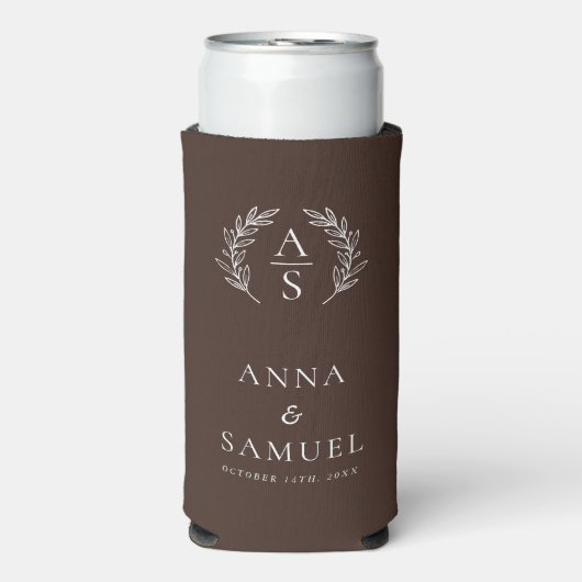 Kransmonogram Chocoladebruin en Witte Huwelijk Seltzer Blikjeskoeler (Seltzer Voorkant)