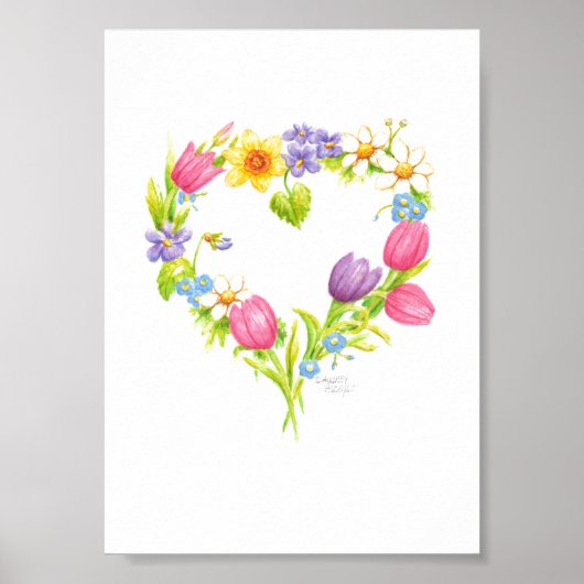 Kransposter Waterverf Hart Bloemen 5 x 7 Poster (Voorkant)