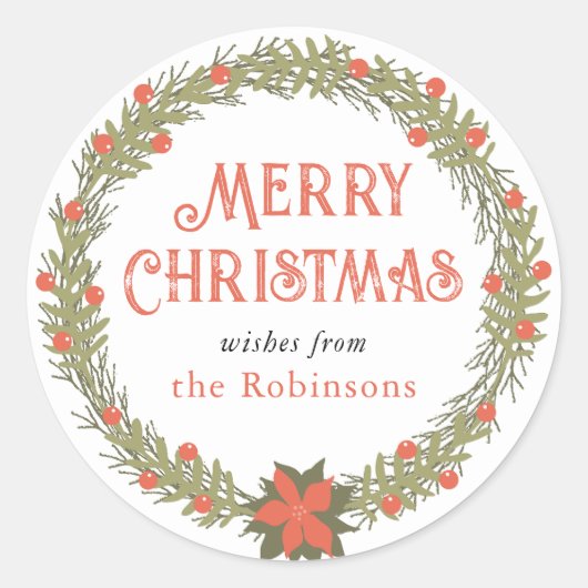 Kranssticker met kerstkrans en hulstbessen vintage ronde sticker (Voorkant)