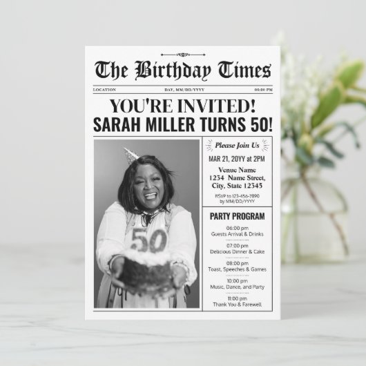 Krant 50e Verjaardagsfeest Uitnodiging & Programma (Staand voorkant)