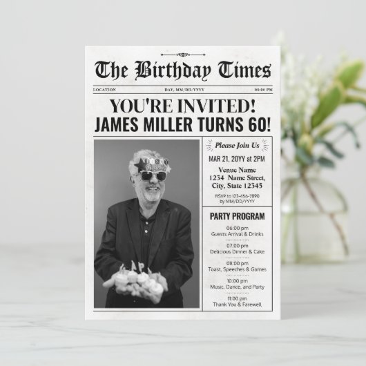 Krant 60e Verjaardagsfeest Uitnodiging & Programma (Staand voorkant)