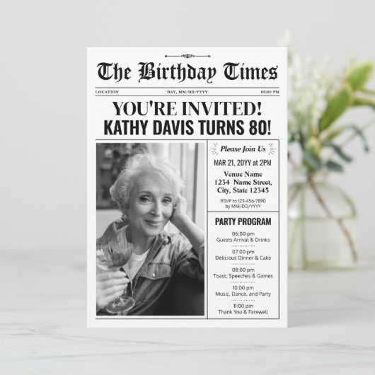 Krant 80e Verjaardag Uitnodigingen met Programma (Staand voorkant)