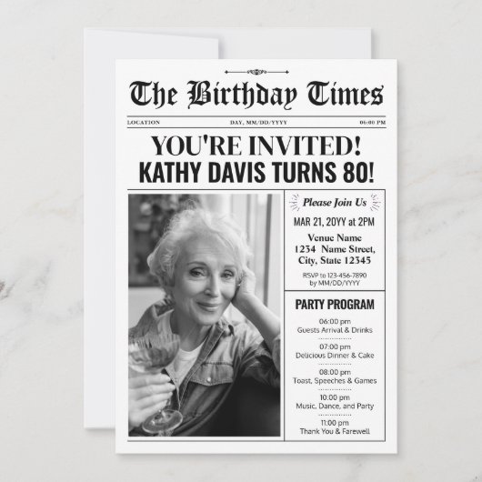 Krant 80e Verjaardag Uitnodigingen met Programma (Voorkant)