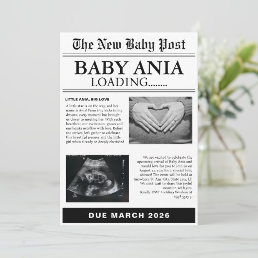 krant baby shower uitnodiging (Staand voorkant)